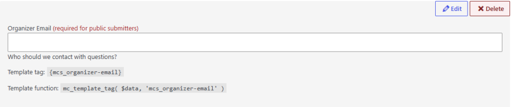 Custom field in preview mode, showing the template tags for using.