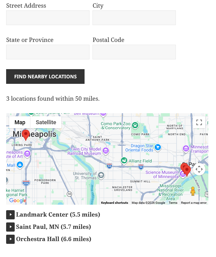 Geolocation shortcode output, showing the search form, map, and list of locations.