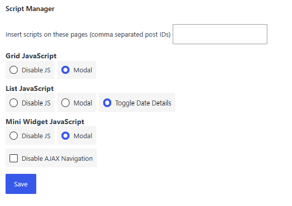 Screenshot showing the 'Scripts' tab selected on the Design screen. Shows options to adjust Grid, List, and Mini calendar view scripts.